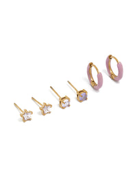 Showcasing gold plated stainless steel stacking earrings with featuring celestial stars in enamel, stud and huggie closures, 3-pack set in pink lavender plum front view - link has visual effect only