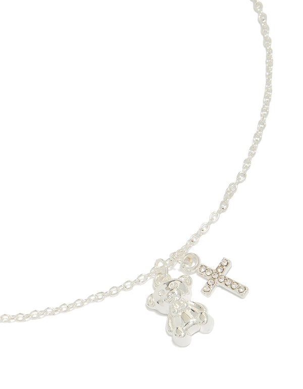 Tweens Stainless Steel Bear & Cross Charm Necklace