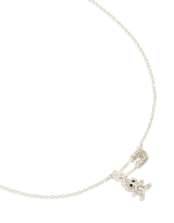 A charming stainless steel necklace featuring animal bear charm with diamante safety pin pendant front view