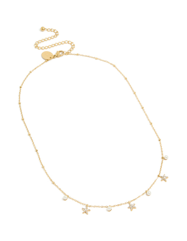 Tweens Gold Plated Stainless Steel Pearl & Starfish Charms Necklace