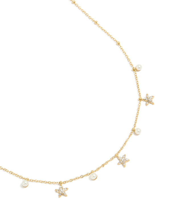 Tweens Gold Plated Stainless Steel Pearl & Starfish Charms Necklace