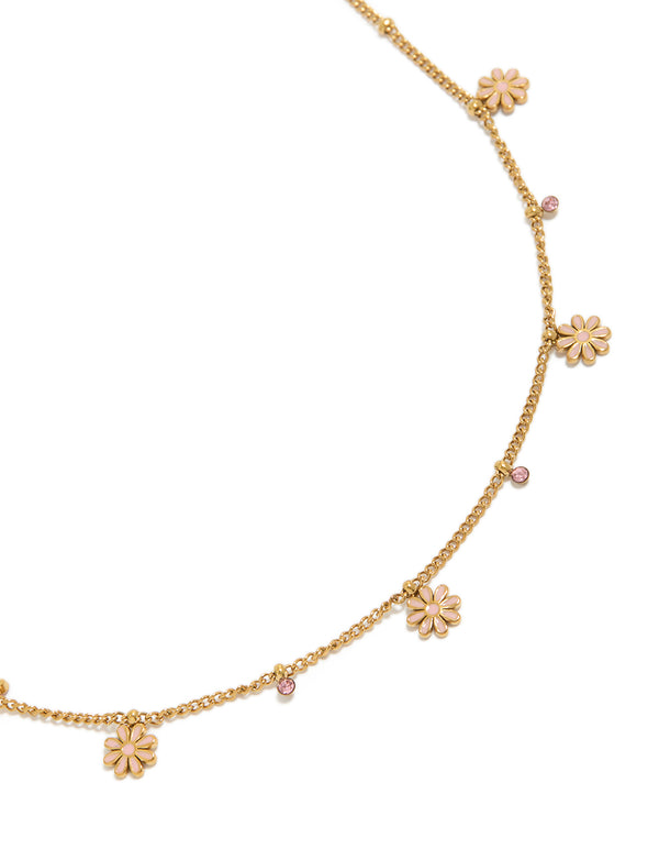 Tweens Gold Plated Stainless Steel Dainty Flower & Pink Diamantes Charm Necklace