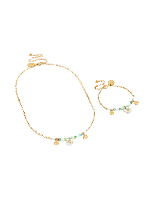 Tweens Gold Plated Stainless Steel Pearl Flower Necklace & Bracelet Set