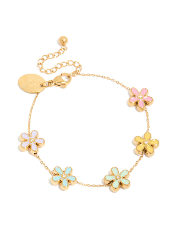 Featuring multicoloured enamel floral charm details in pink, aqua, and yellow on a gold plated stainless steel chunky bracelet with waterproof construction front view