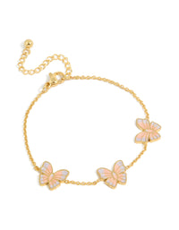 Showcasing a tweens butterfly charm bracelet with glitter enamel accents, crafted from waterproof gold plated stainless steel in pink and lavender front view - link has visual effect only