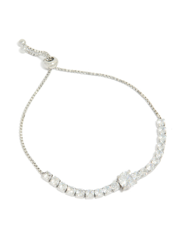 Showcasing a tweens stainless steel round cubic zirconia toggle bracelet in silver and clear stone front view