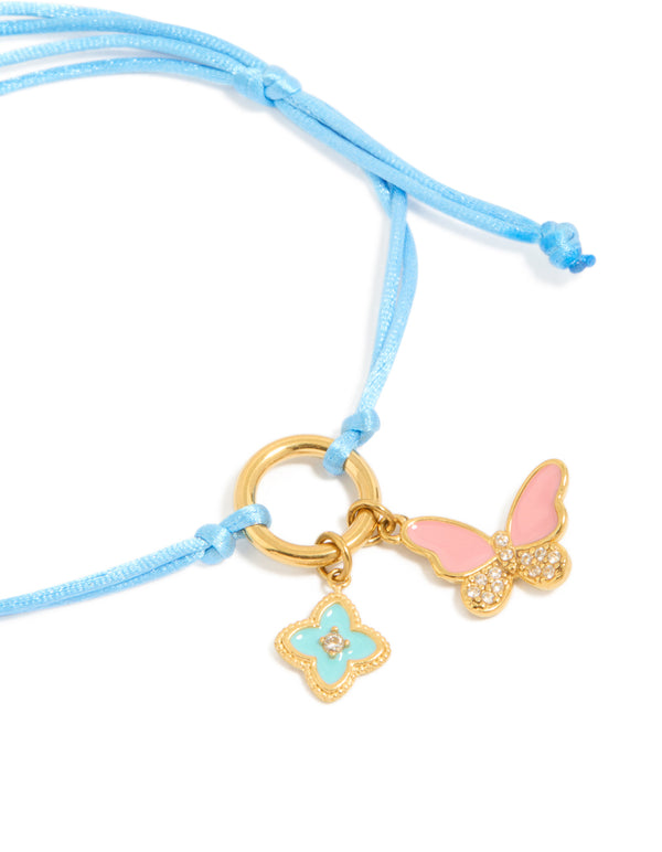 Tweens Blue Cord Gold Plated Stainless Steel Butterfly Toggle Bracelet