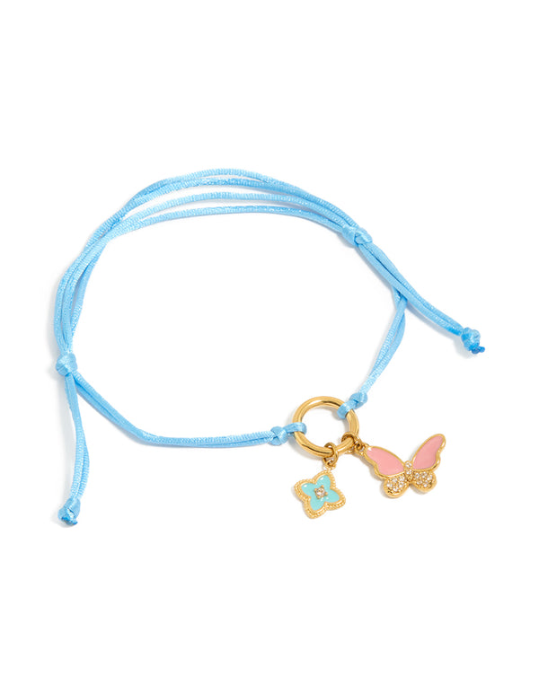 Tweens Blue Cord Gold Plated Stainless Steel Butterfly Toggle Bracelet