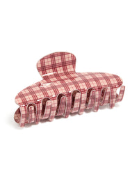 Showcasing a tweens pink and red checkered acrylic arch claw clip in lightpink maroon front view - link has visual effect only