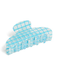 Showcasing a checkered print acrylic arch claw clip in sky blue and white side view - link has visual effect only