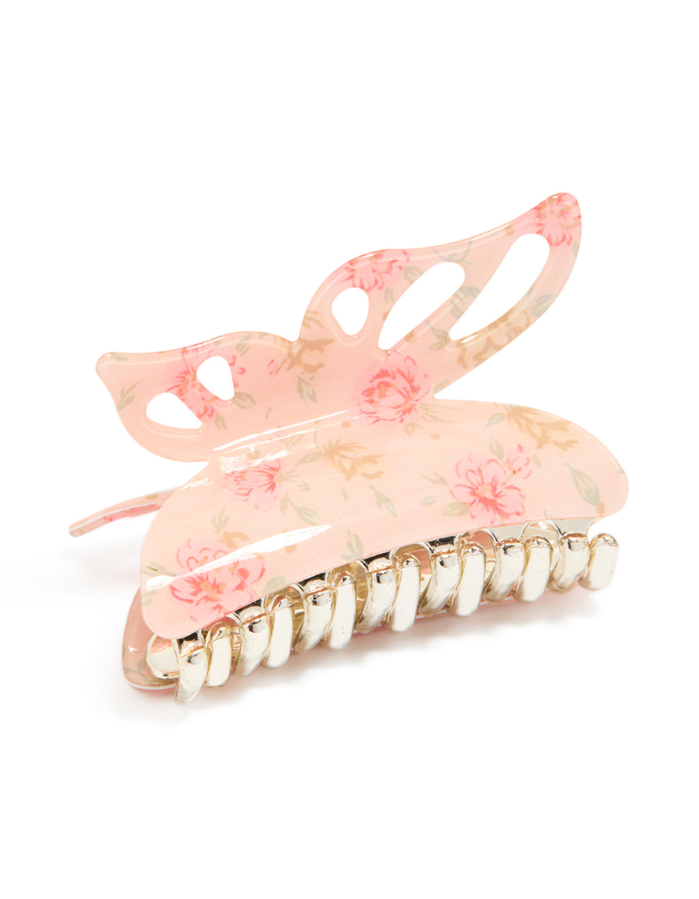 Showcasing an acrylic claw clip with butterfly design and floral print in light pink, peachpuff, gold, tan detail view