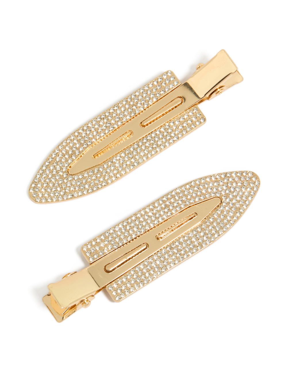 Showcasing gold pavé diamante creaseless clips pack with glitter embellishments detail view