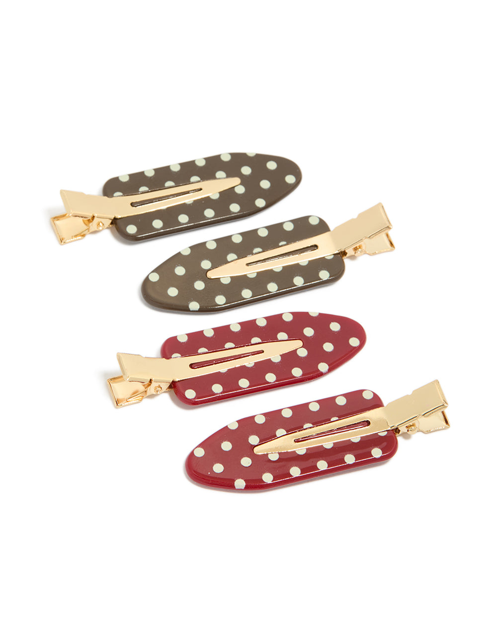 Showcasing tweens brown and red acrylic spotted creaseless clips pack with polkadot print in maroon, sienna, gold, white accessories front view
