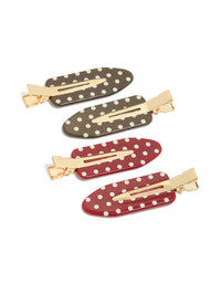 Showcasing tweens brown and red acrylic spotted creaseless clips pack with polkadot print in maroon, sienna, gold, white accessories front view - link has visual effect only