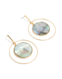 Crafted from genuine shell, these gold disc drop earrings feature ocean-inspired iridescent accents front view - link has visual effect only