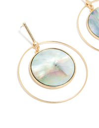 Showcasing the genuine shell disc drop earrings in gold with ocean-inspired iridescent detailing close up view - link has visual effect only