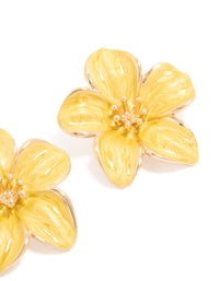 Crafted with detailed petals and textured center, these statement yellow floral stud earrings highlight intricate design post detail view - link has visual effect only