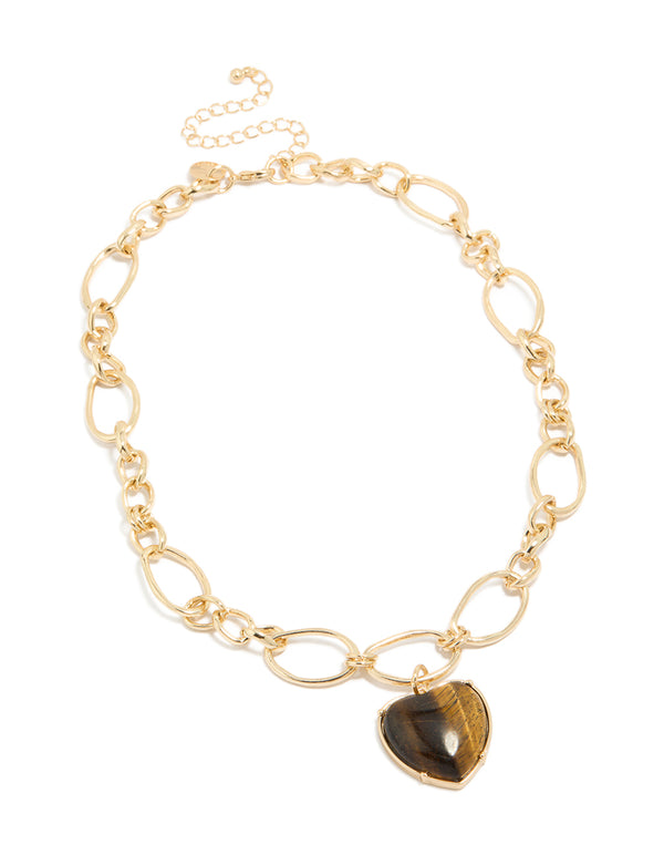 Featuring a gold loop chain necklace with brown heart pendant front view