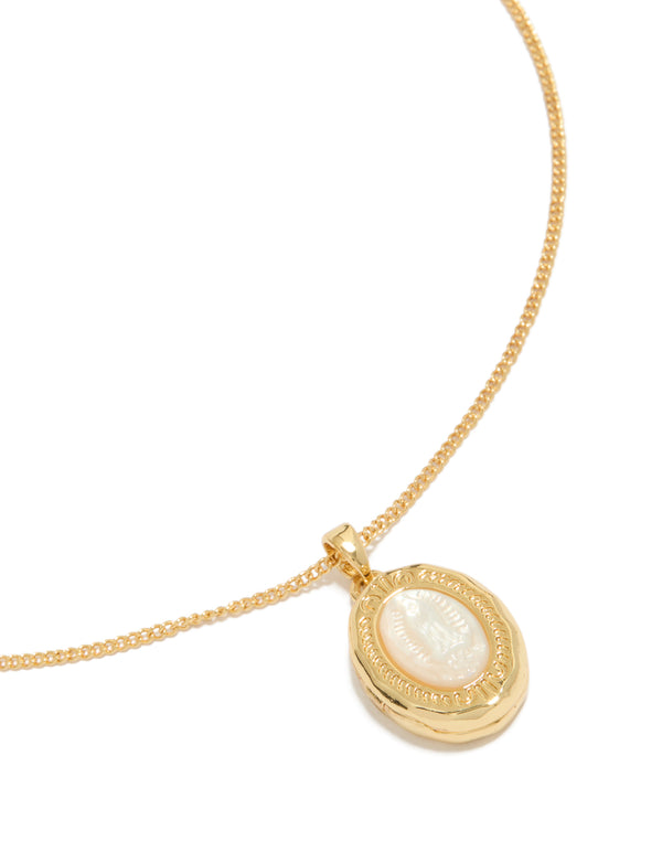 Showcasing a gold plated shell Mary locket necklace featuring ocean pendant close up view