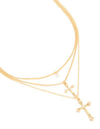 Discover this gold plated cubic zirconia and cross charms layered necklace featuring crystal pearl details close up view - link has visual effect only