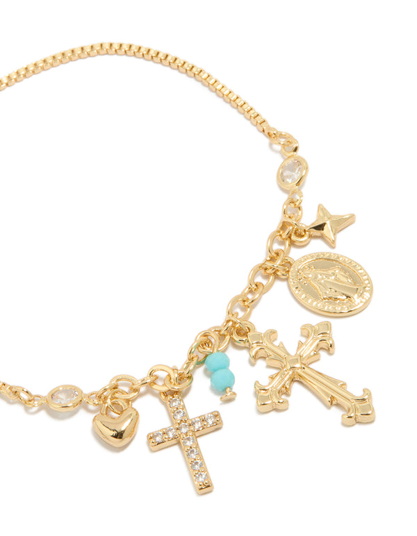 Gold Plated Cubic Zirconia Cross  & Heart Charms Toggle Bracelet