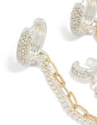 Detailed look at mixed metal plated diamante multi chain and cuff huggie earrings statement style in gold and silver close up view - link has visual effect only