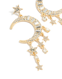 Discover these statement drop earrings with celestial charm accents in gold and diamante close up view - link has visual effect only