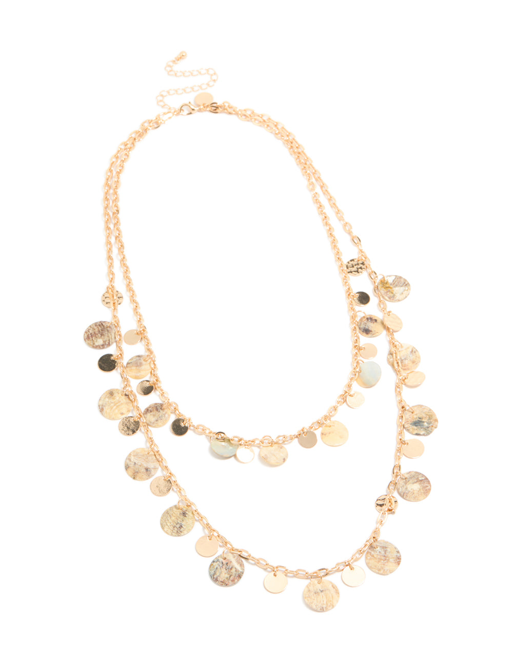 Elegantly designed genuine shell and disc layered necklace in statement gold front view