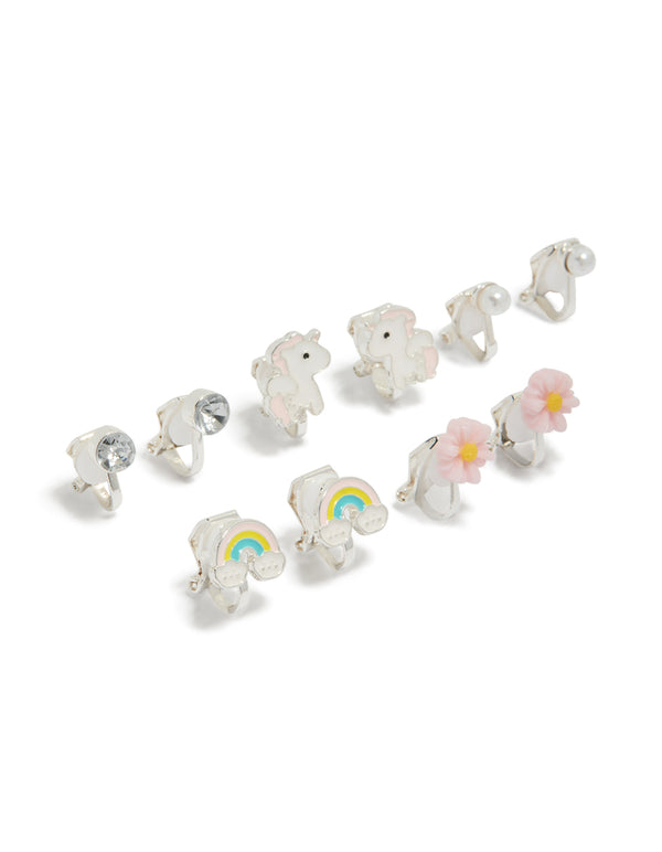 Charming clip on earrings for kids in silver featuring pink flower, unicorn, pearl, and showcased in a 5-pack set with aqua and white and clear accents front view