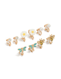 Showcasing kids clip on earrings in a 5-pack featuring bee and dragonfly charms with floral pearl accents in gold, white, turquoise, and yellow front view - link has visual effect only