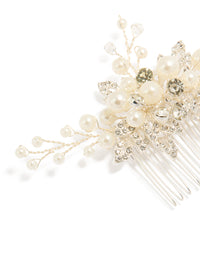 Elegant silver pearl and diamante leaf comb detail view - link has visual effect only