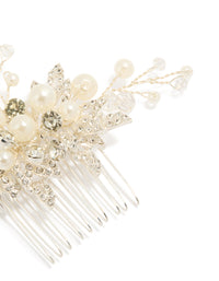 Elegant silver pearl and diamante leaf comb detail view - link has visual effect only