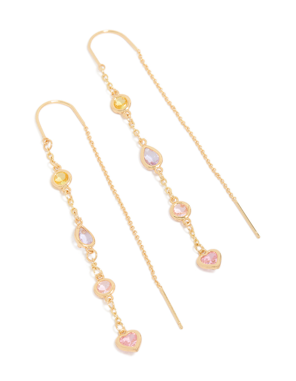 Showcasing heart featuring cubic zirconia threader earrings in pink, yellow, and purple front view