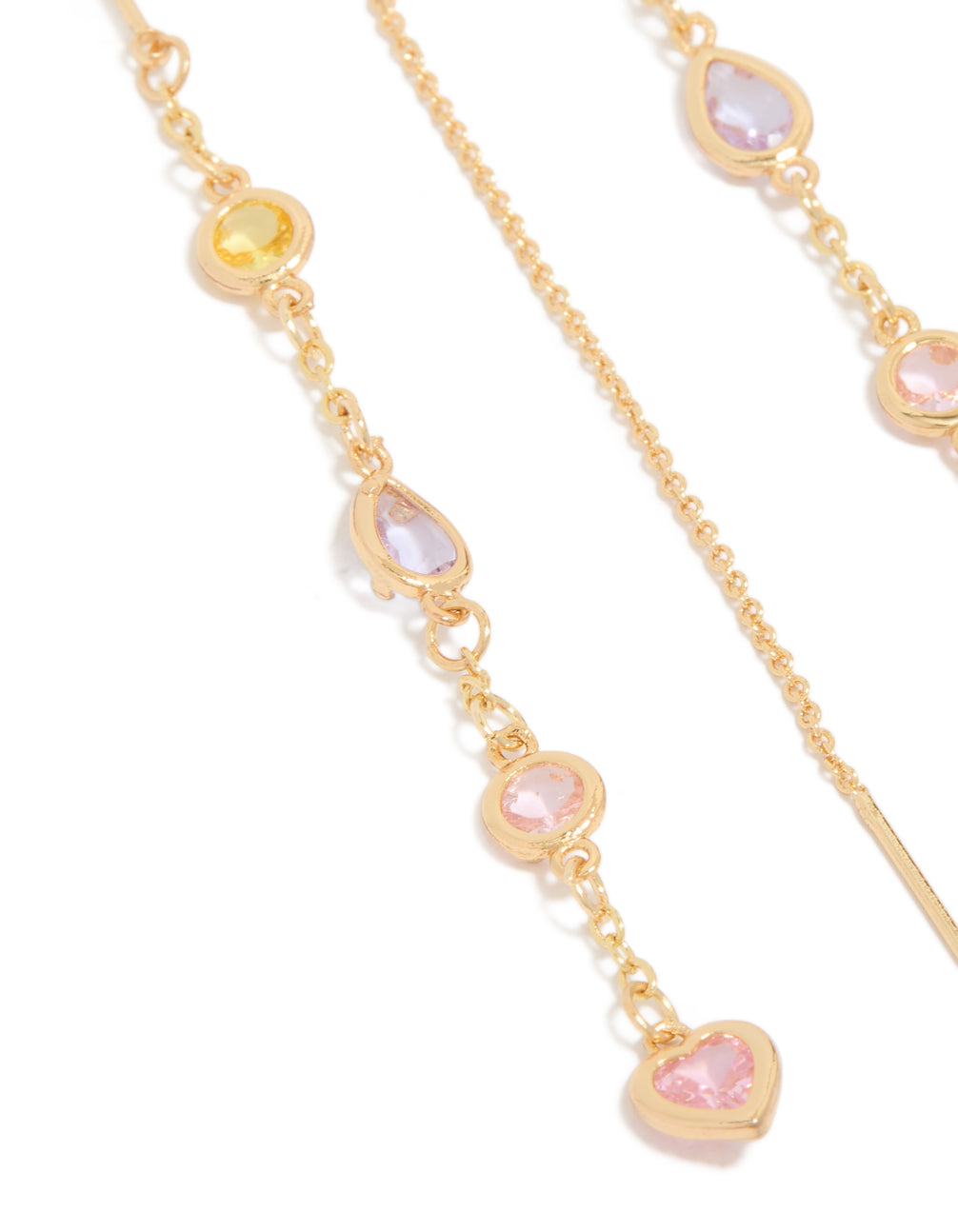 Crafted with heart design, gold plated threader earrings in pink, yellow, and purple cubic zirconia close up view