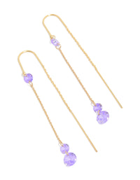 Showcasing statement drop thread through hook earrings crafted from gold plated material with purple cubic zirconia stones front view - link has visual effect only