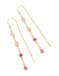 Showcasing gold plated pink and clear cubic zirconia thread through drop earrings front view - link has visual effect only