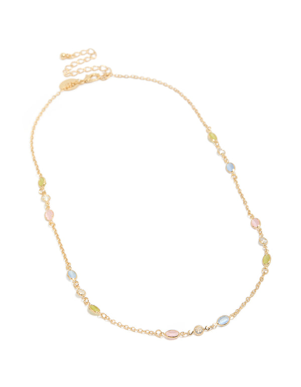 Featuring a gold plated pink blue and green cubic zirconia ovals necklace with oval stone cut in statement style front view