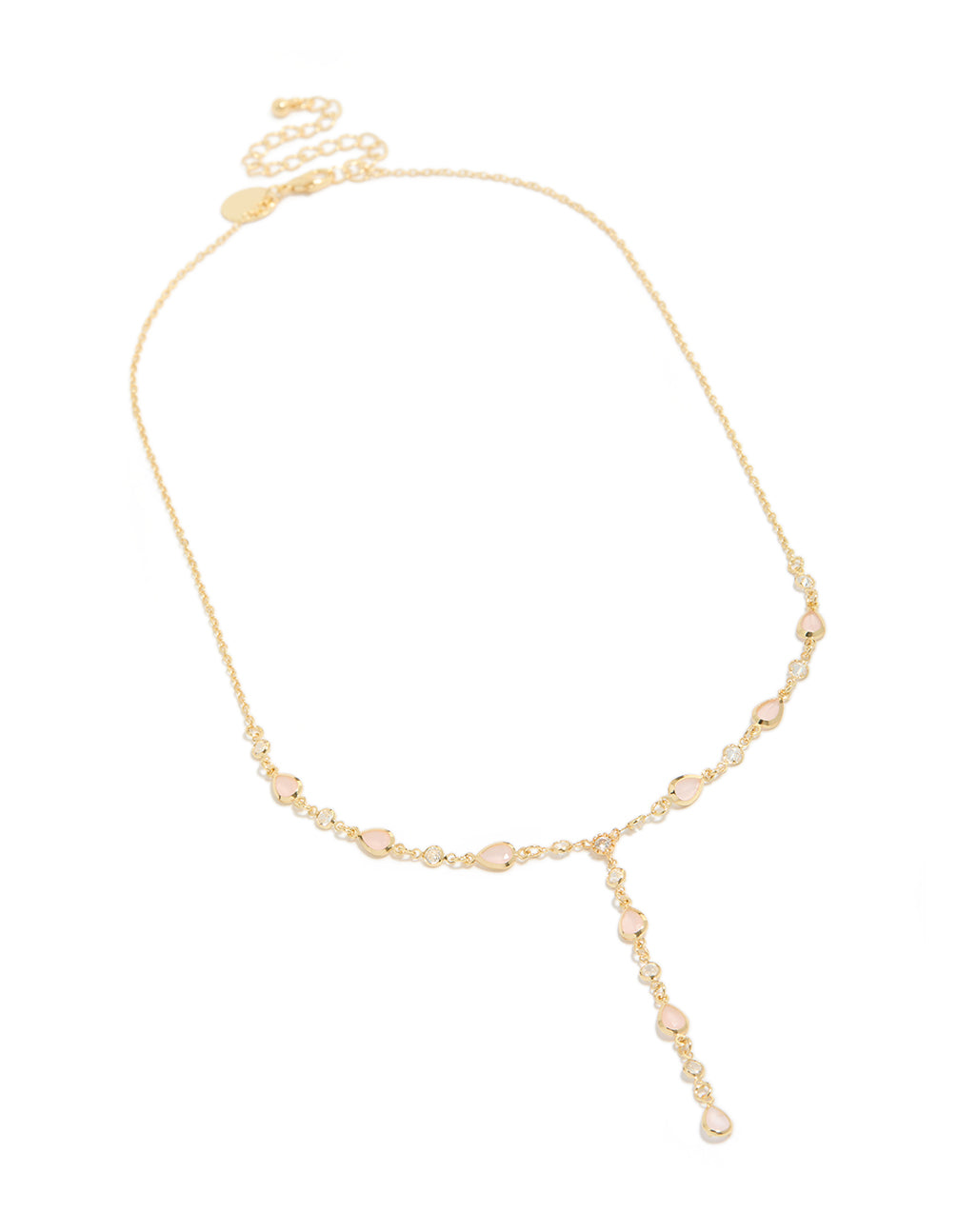 Designed with gold plated pink oval cubic zirconia, this Y-necklace front view