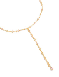 Showcasing a pink and clear cubic zirconia circles Y-necklace crafted from gold plated material with statement dainty styling close up view - link has visual effect only