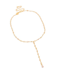 Beautifully designed pink and clear cubic zirconia circles Y-necklace in gold plated metal with statement dainty style front view - link has visual effect only
