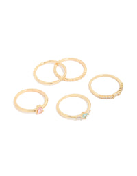 This stunning 5-pack features gold plated rings with solitaire and oval stone cut cubic zirconia in pink and blue crystal front view - link has visual effect only