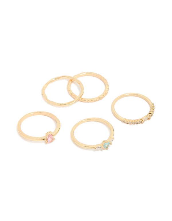 This stunning 5-pack features gold plated rings with solitaire and oval stone cut cubic zirconia in pink and blue crystal front view