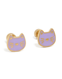 Showcasing kids gold plated surgical steel purple enamel cat flat back studs featuring in plum front view - link has visual effect only