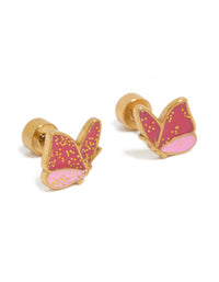 Discover kids butterfly glitter enamel gold plated surgical steel flat back stud earrings in pink front view - link has visual effect only