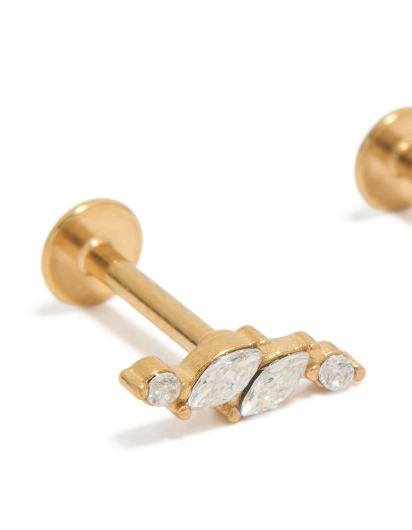 Highlighting dainty leaf vine design flat back stud earrings crafted from gold plated surgical steel featuring marquise cut cubic zirconia stones close up view