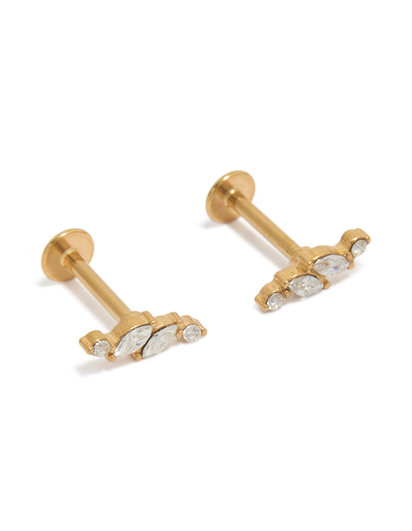 Showcasing dainty vine design flat back stud earrings crafted from gold plated surgical steel featuring marquise cut cubic zirconia stones front view