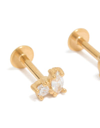 Designed with gold plated surgical steel, these oval and circle cubic cluster zirconia flat back studs showcase clear stones close up view - link has visual effect only