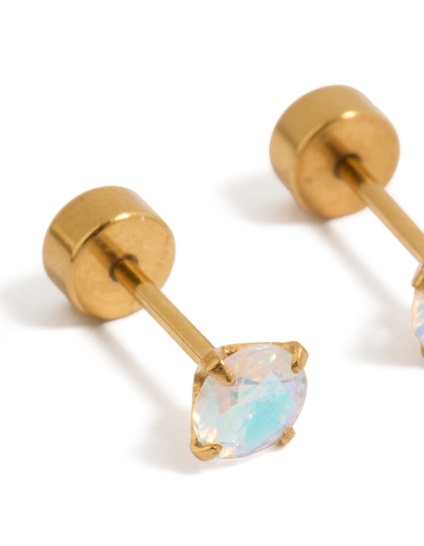 Showcasing kids gold plated surgical steel stud earrings with iridescent cubic zirconia and flat back closure post detail view