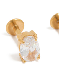 Showcasing oval cut cubic zirconia in gold plated surgical steel with flat back stud closure close up view - link has visual effect only