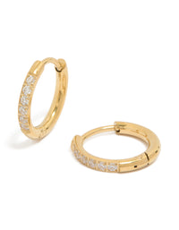 Showcasing gold plated surgical steel cubic zirconia classic sleeper hoop earrings in 10 MM front view - link has visual effect only